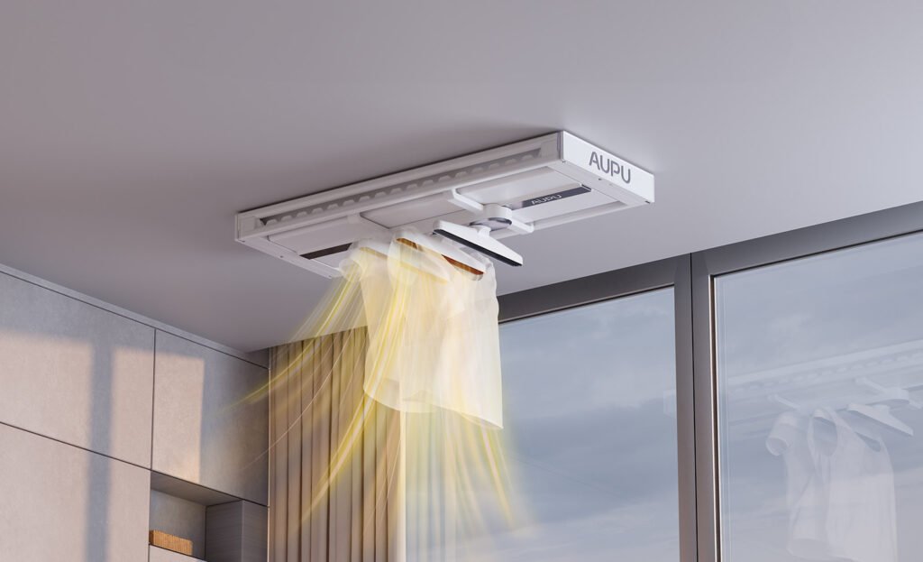 AUPU smart electric ceiling drying rack integrated into a modern balcony design for space-saving.