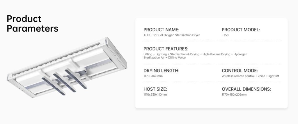 Comprehensive features of AUPU smart laundry system including remote control, UV-C sterilization, and automatic lifting.